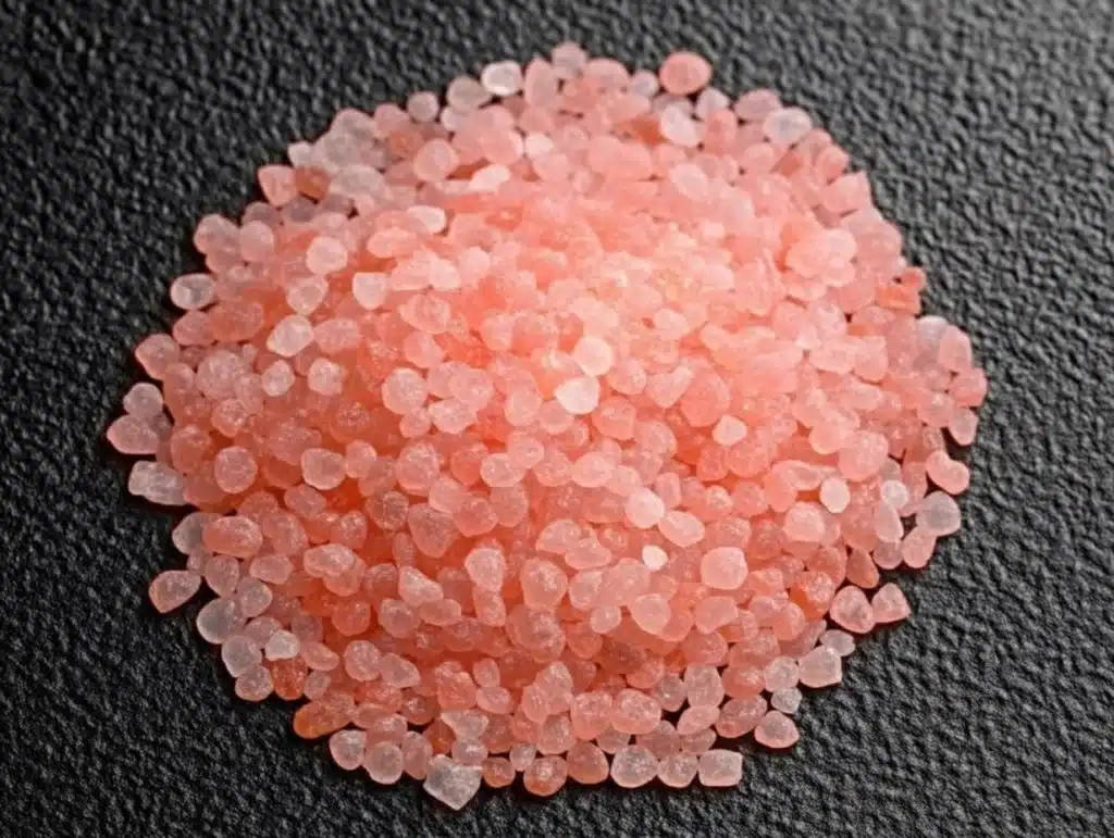 A bright, fizzy blue beverage with granulated salt crystals and a clear jar on a granite surface.