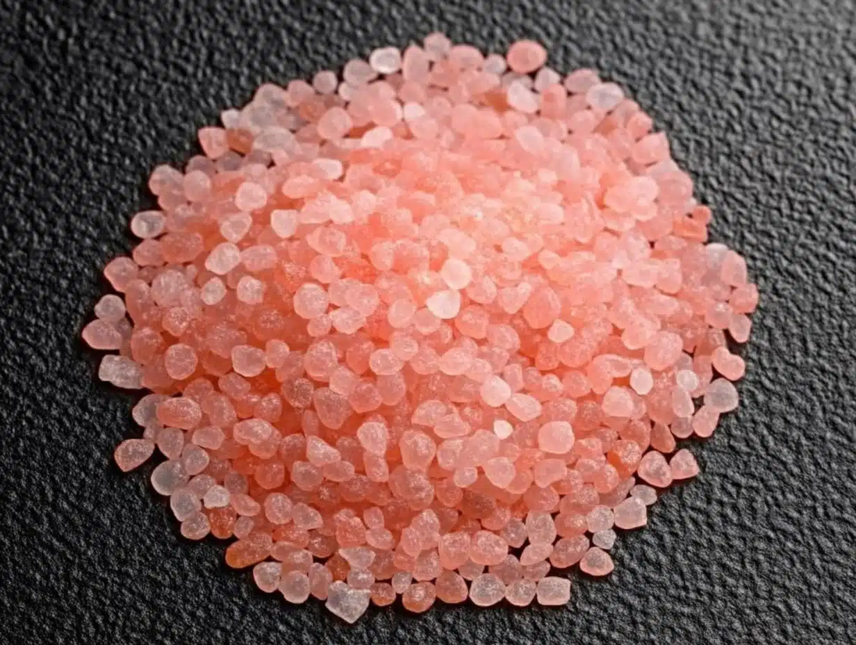 pink salt trick for weight loss using coarse Himalayan salt on dark surface