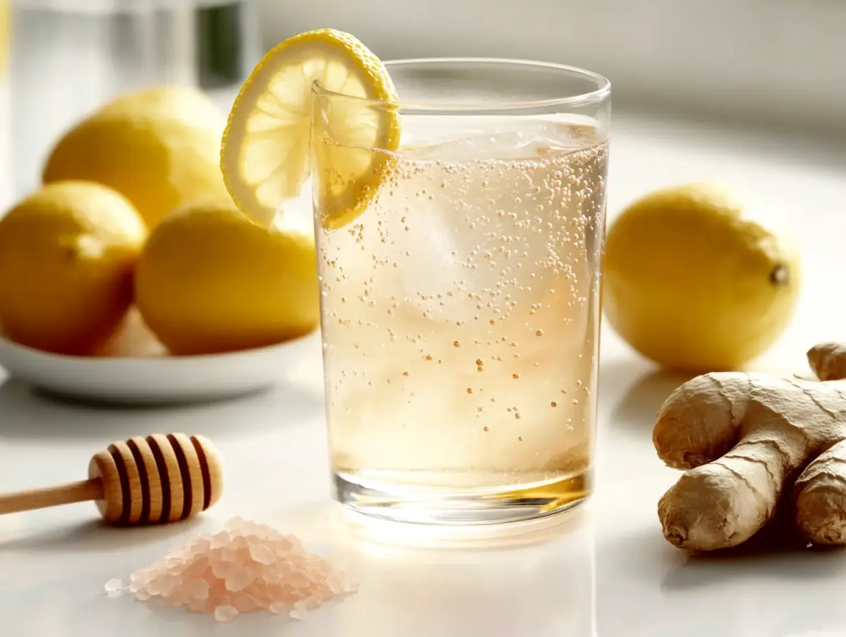 Glass of pink salt and apple cider vinegar for weight loss served with lemon and ginger