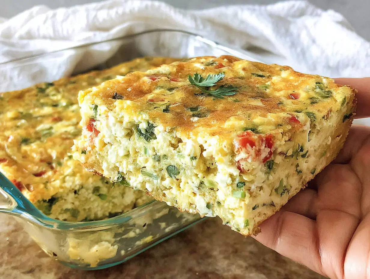 Hand holding a fluffy, golden slice of high protein egg bake with cottage cheese over a glass baking dish with visible herbs and veggies.