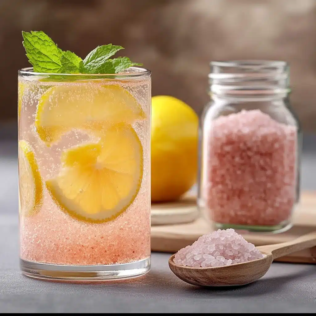 A bright, fizzy blue beverage with granulated salt crystals and a clear jar on a granite surface.