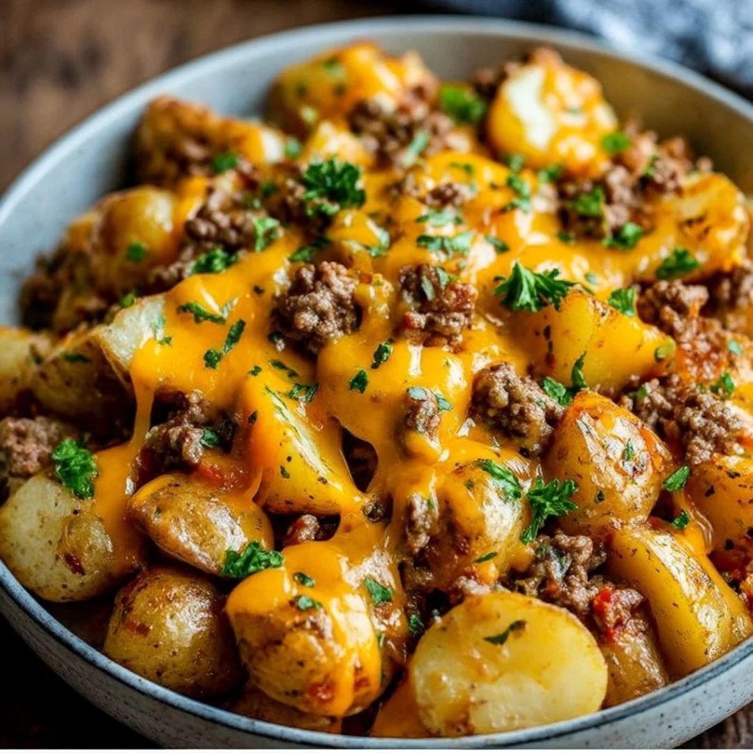 Cheesy Ground Beef and Potato Casserole served in a baking dish
