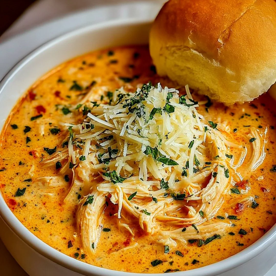 Crock Pot Creamy Chicken Parmesan Soup served in a bowl with ingredients