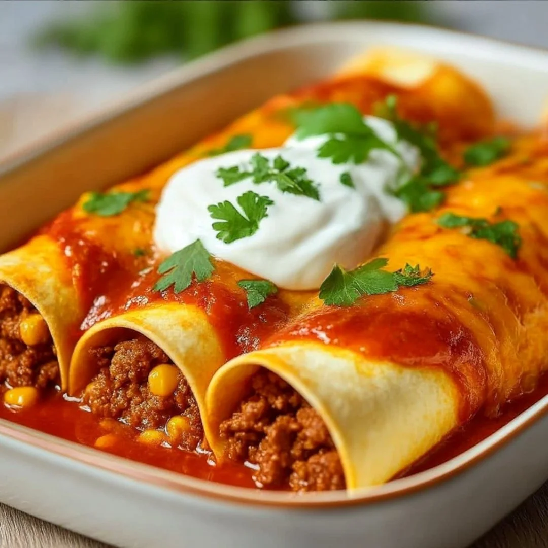 Plate of tasty ground beef enchiladas garnished with cheese and cilantro