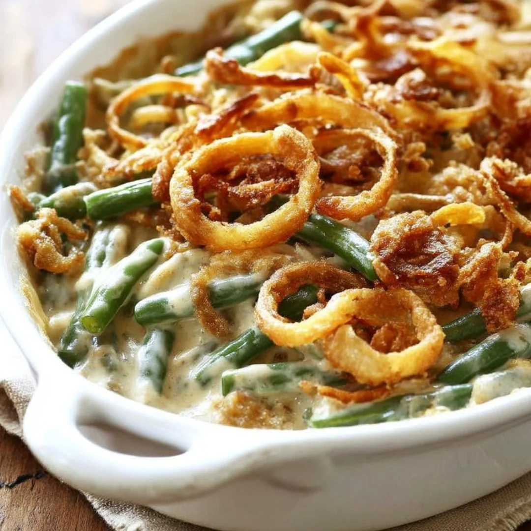 Homemade green bean casserole topped with crispy onions and creamy sauce