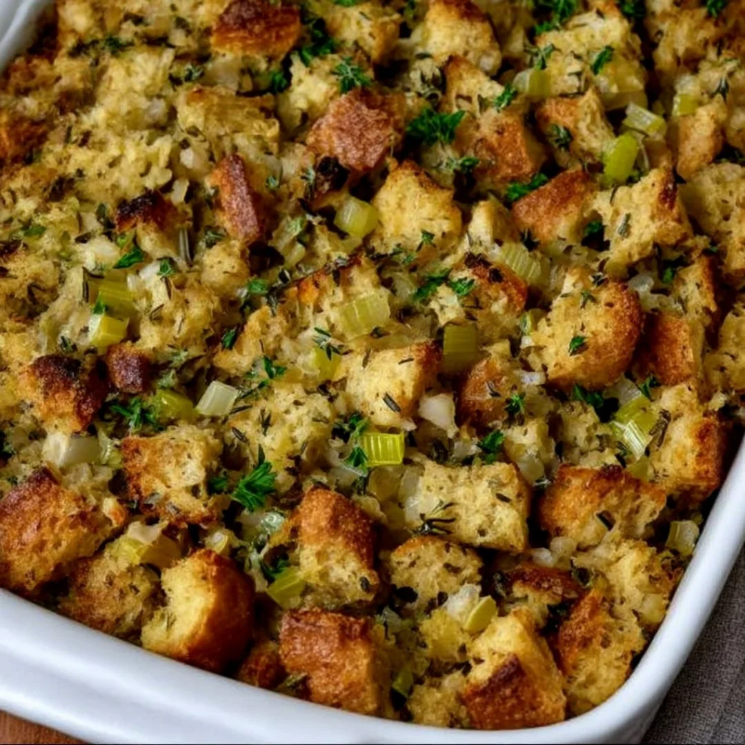 Bowl of homemade stuffing prepared with herbs and vegetables