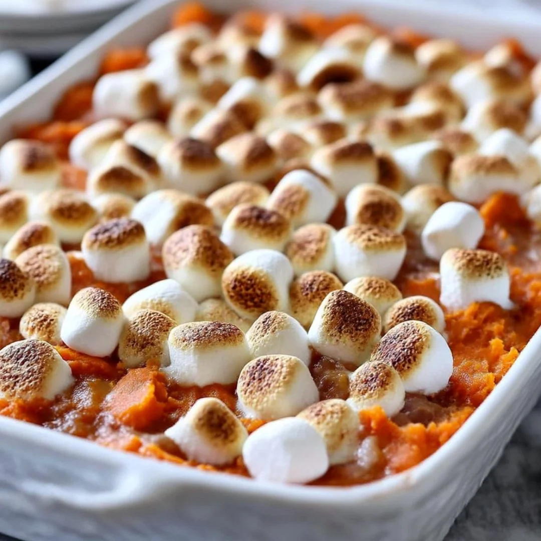 Delicious Sweet Potato Casserole topped with marshmallows and pecans
