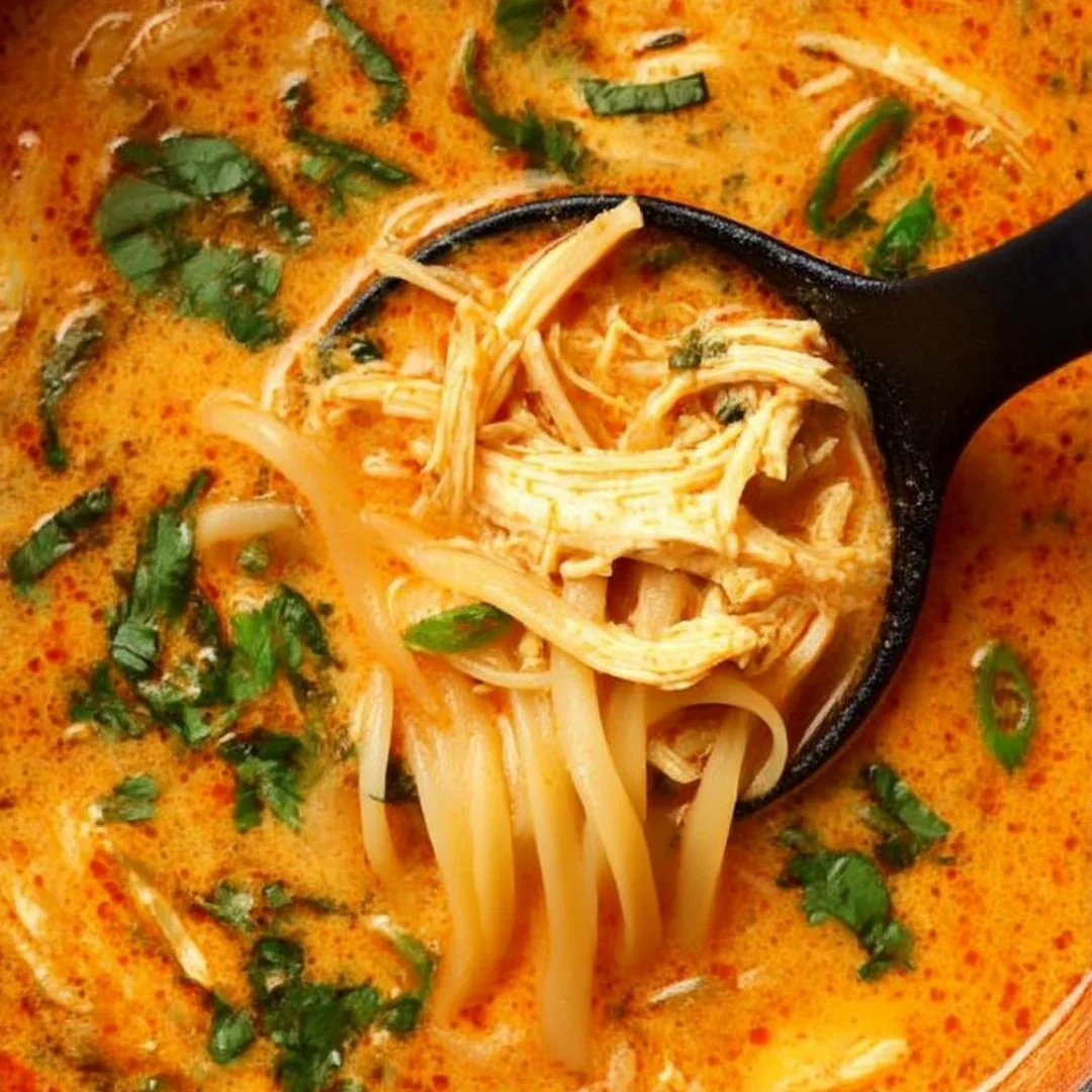 Bowl of Thai inspired chicken soup with fresh herbs and spices