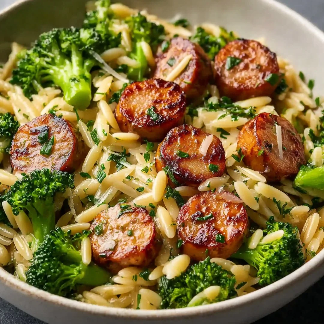 Chicken sausage and broccoli orzo in a bowl, garnished with herbs
