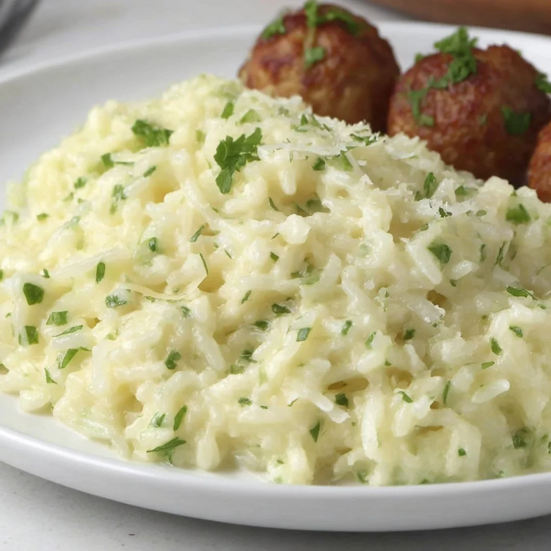 Plate of flavorful Garlic Parmesan Rice garnished with herbs