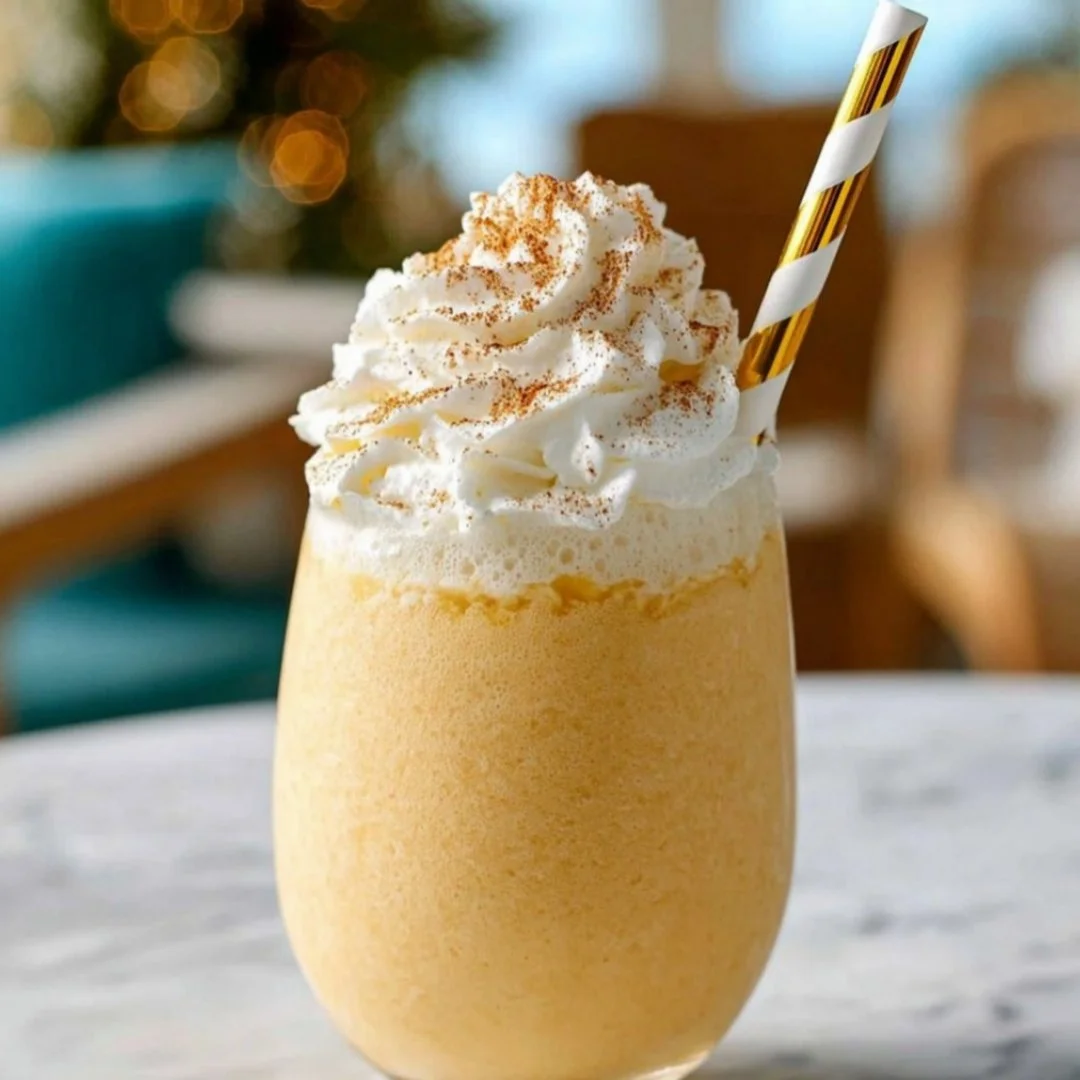 Delicious eggnog milkshake topped with whipped cream and nutmeg
