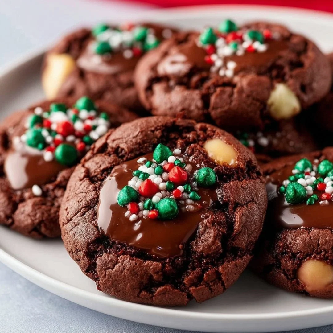 Chewy hot cocoa cookies with chocolate chips on a plate
