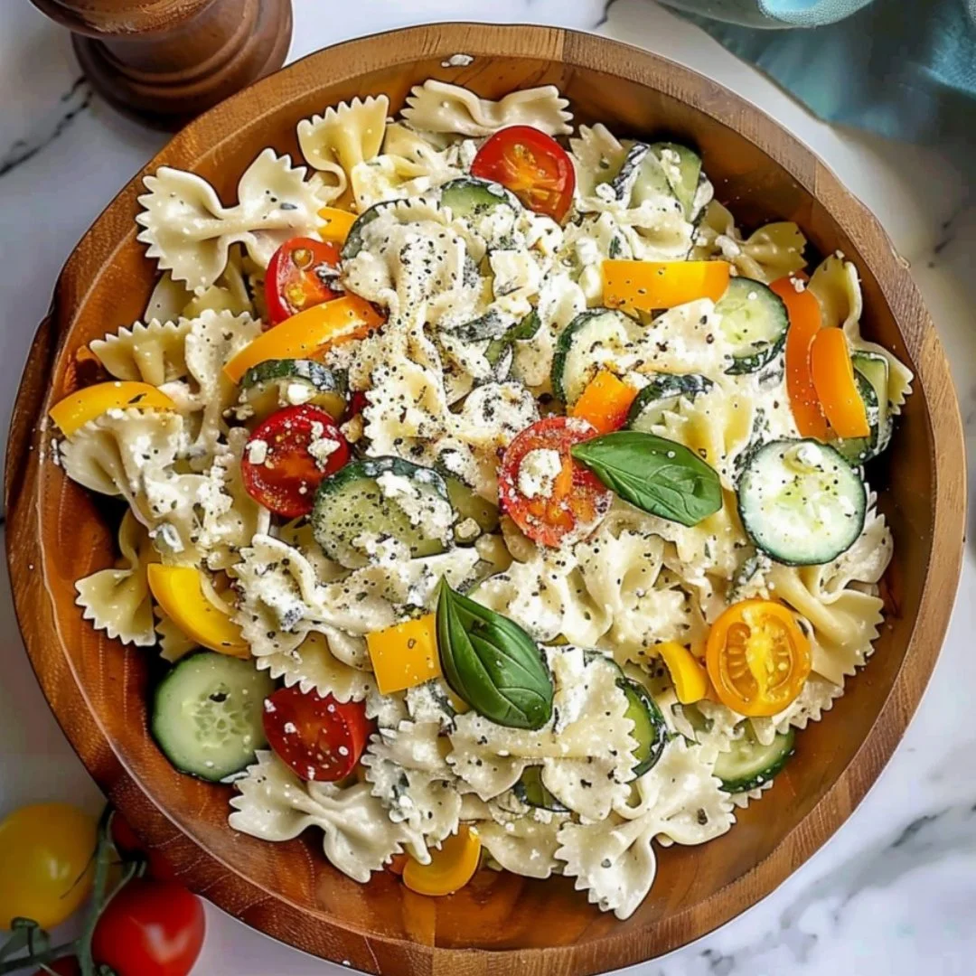 High protein cottage cheese pasta salad with fresh vegetables and herbs