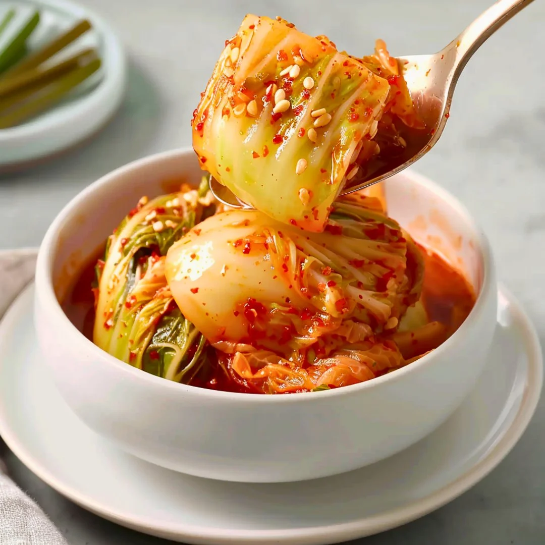 Bowl of homemade kimchi with vibrant vegetables and spices