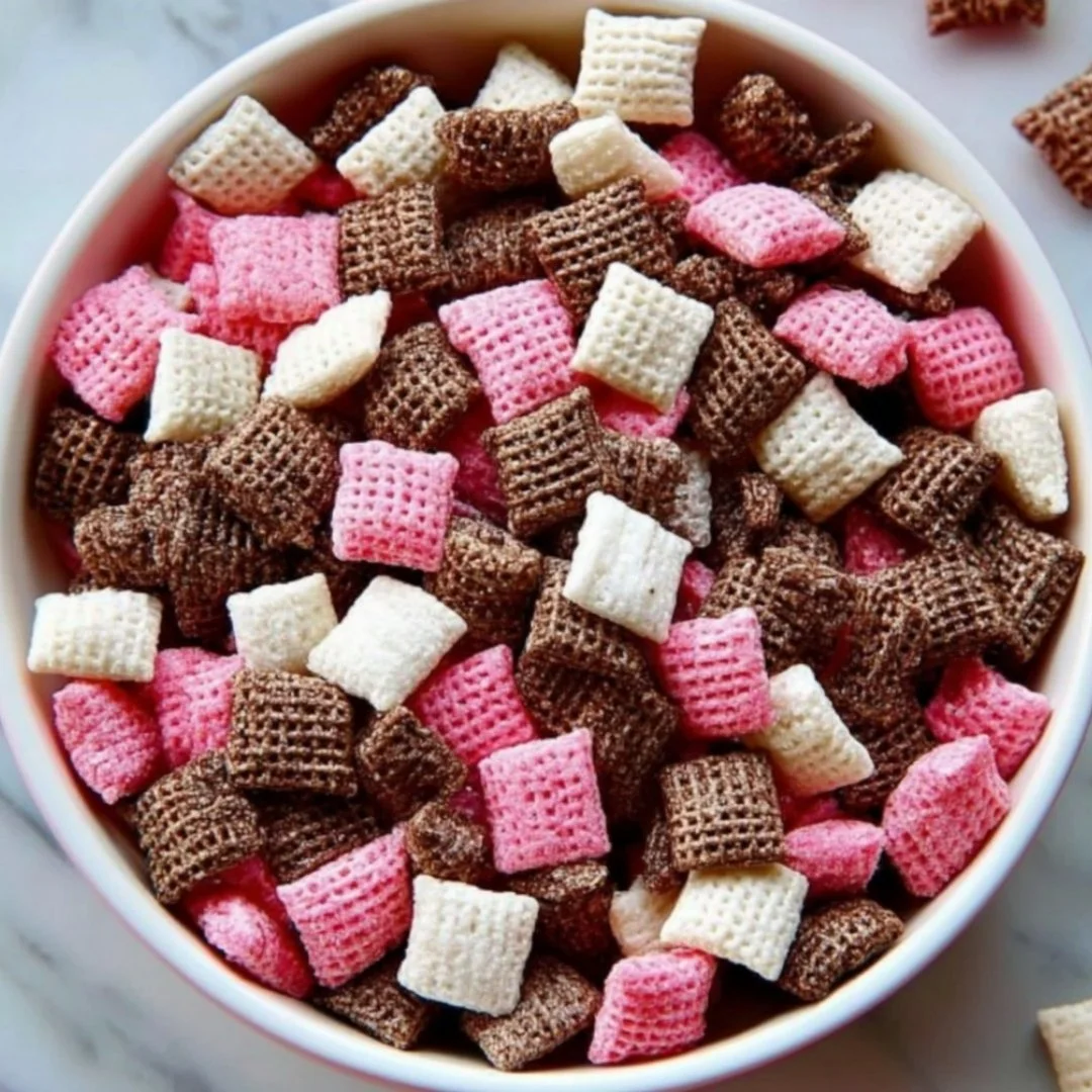 Delicious Neapolitan Puppy Chow snack mix with chocolate, strawberry, and vanilla flavors.