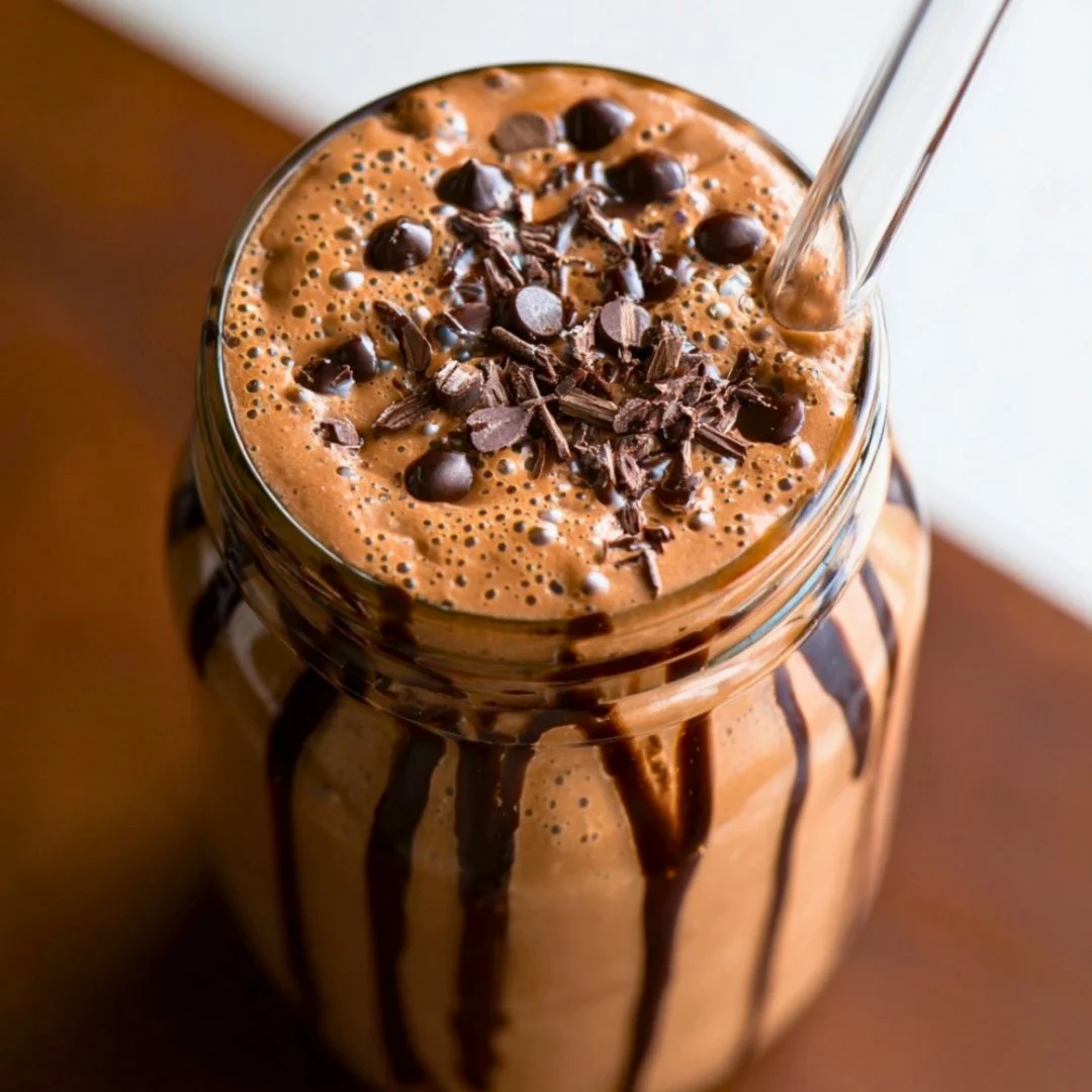 Thick dark chocolate protein shake in a glass with chocolate shavings on top