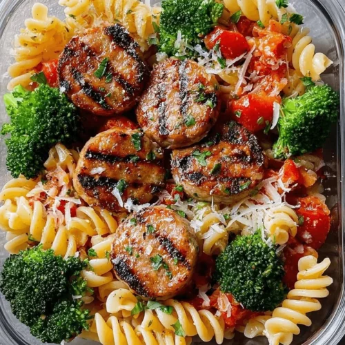 Delicious chicken sausage pasta meal prep bowl ready to serve