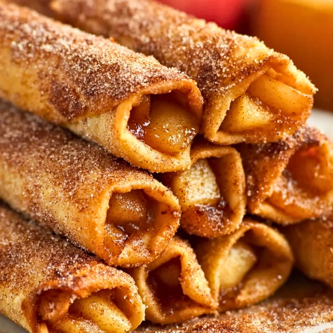 Air fryer apple pie taquitos served with caramel sauce and cinnamon dusting