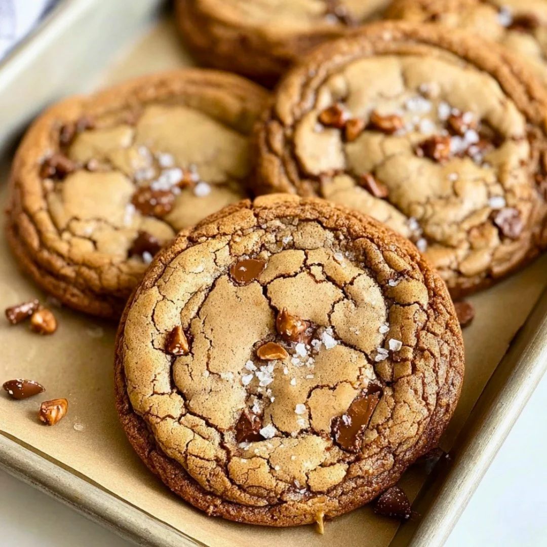 Brown butter coffee toffee cookies stacked on a plate