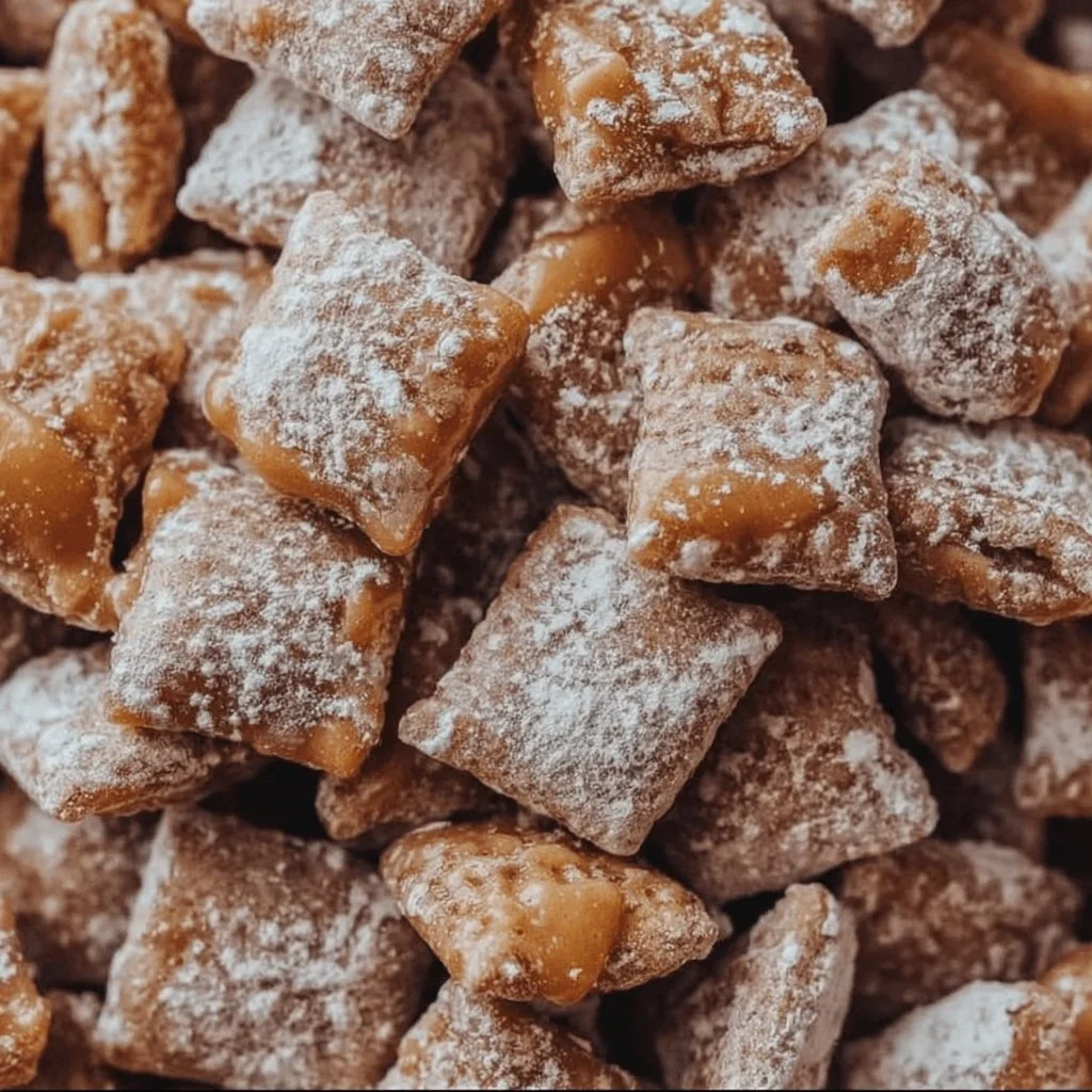 Delicious Caramel Apple Puppy Chow snack mix in a bowl