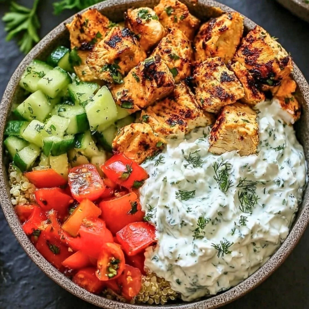 Chicken Tzatziki Bowls with grilled chicken and fresh vegetables