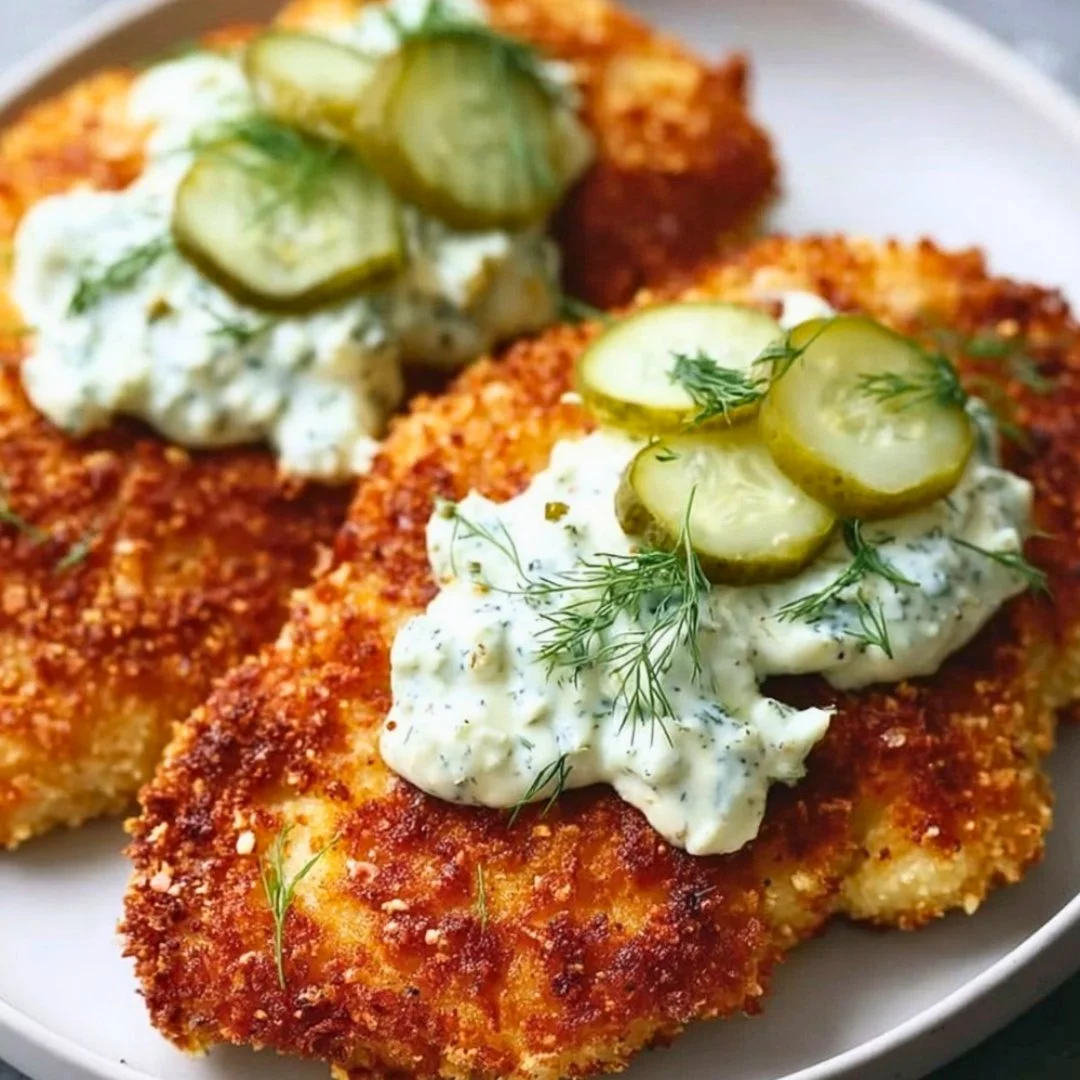 Crispy Dill Pickle Parmesan Chicken garnished and ready to serve.