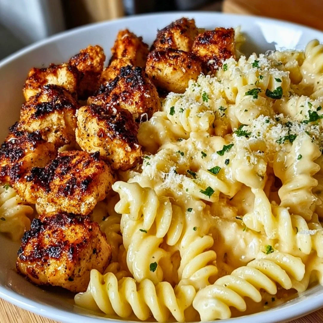Garlic Parmesan Chicken Bites served with creamy rotini in a bowl