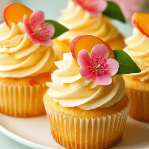 Delicious Honey Peach Cream Cheese Cupcakes with fresh peach slices and frosting