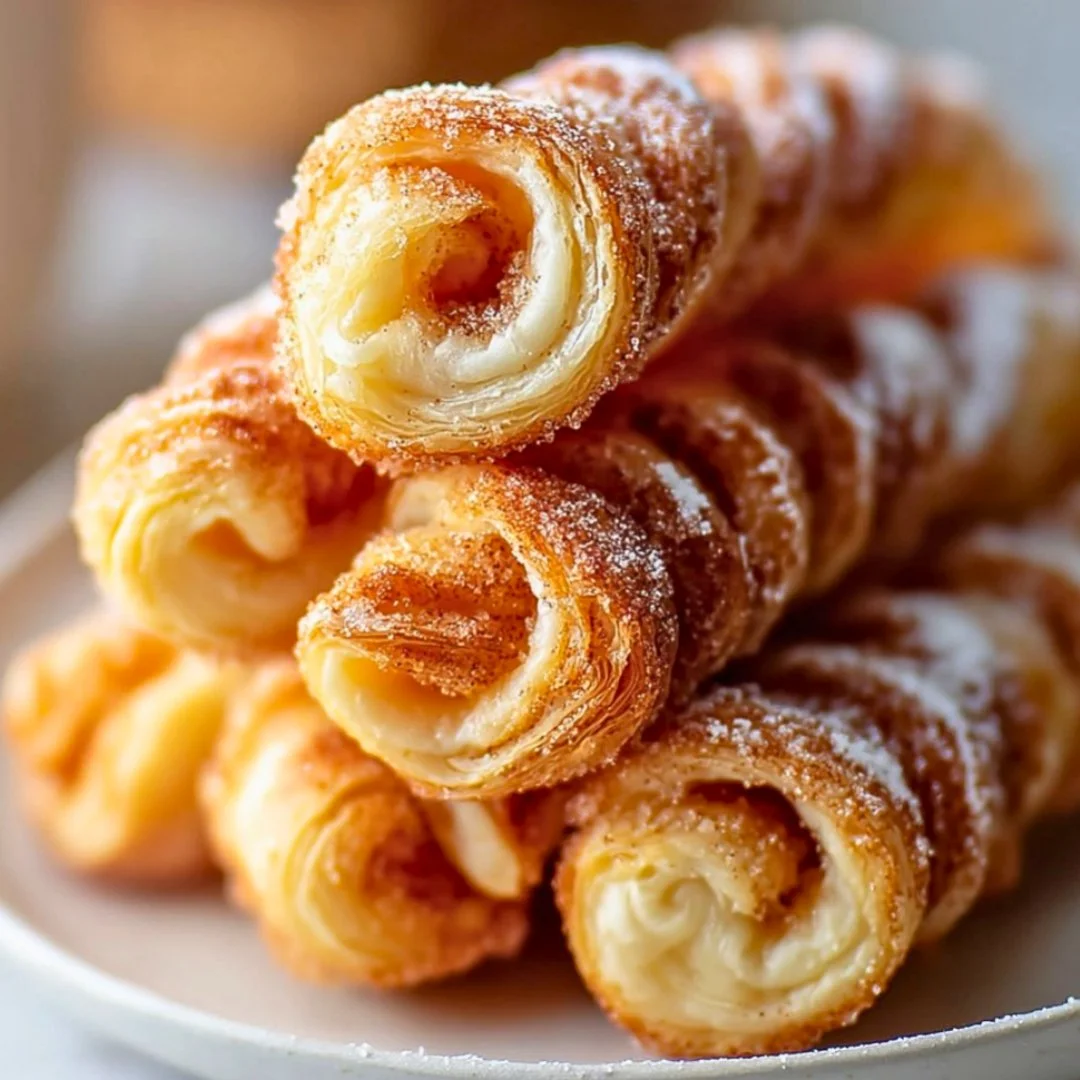 Plate of delicious cinnamon twists, golden brown and dusted with sugar.