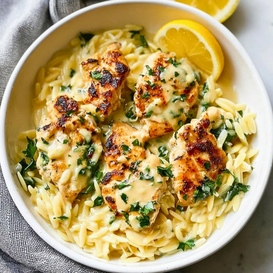 Plate of Lemon Chicken Orzo with herbs and lemon slices garnishing the dish