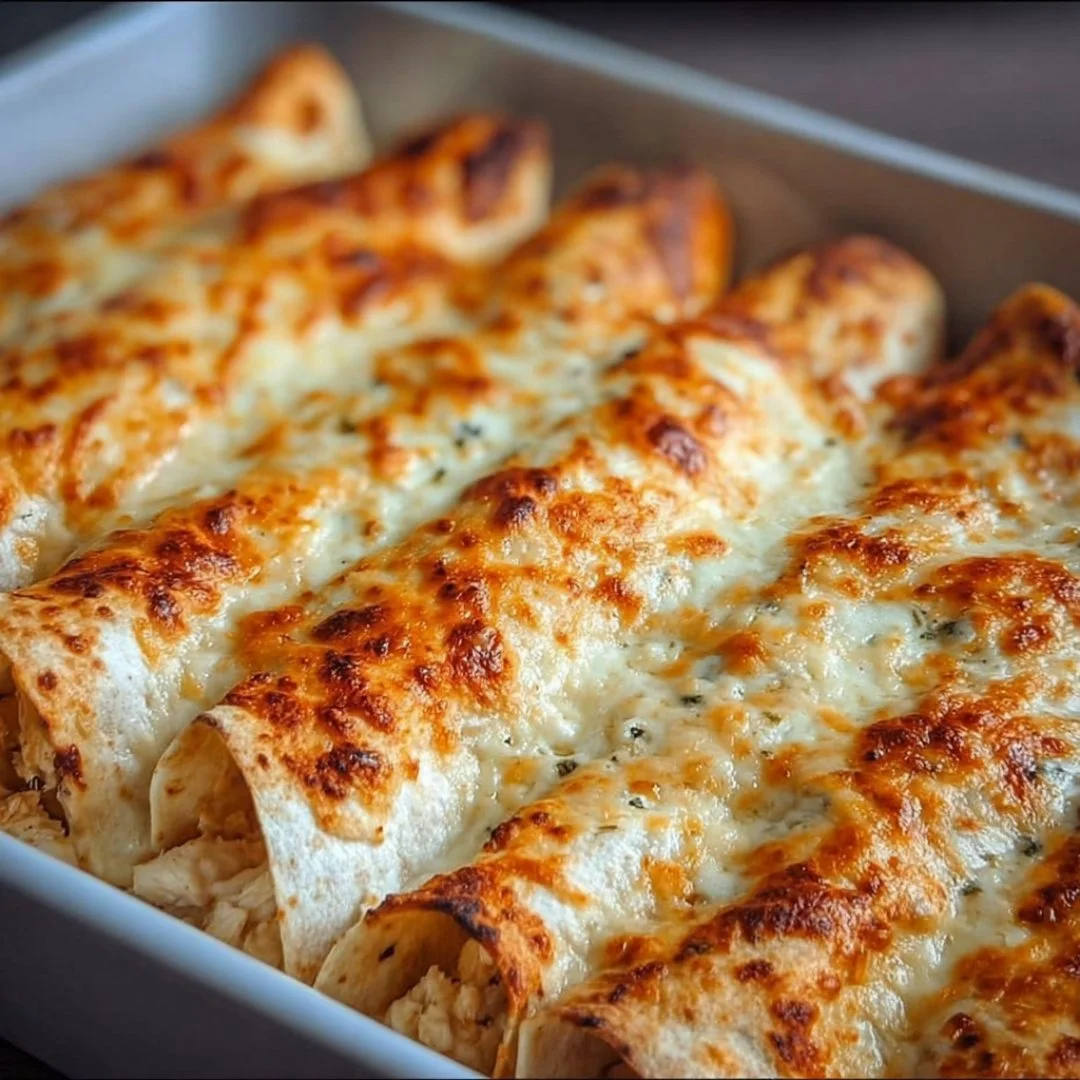 Protein-rich chicken enchiladas topped with a creamy white sauce