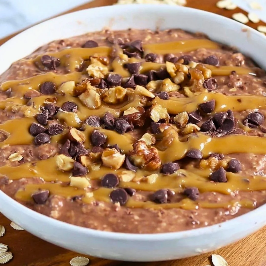 Bowl of brownie batter overnight oats topped with chocolate and nuts