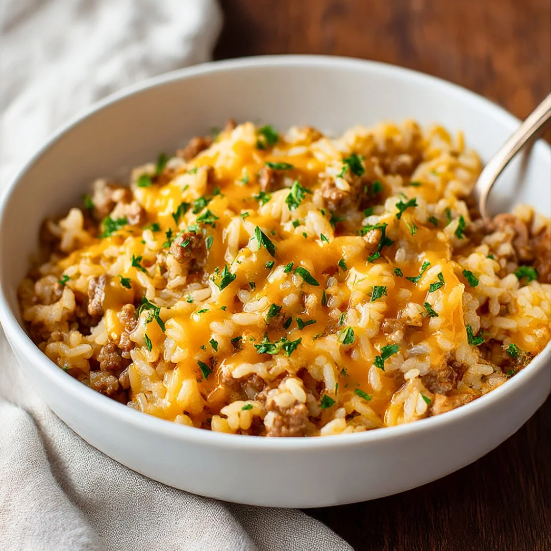 Cheesy ground beef and rice casserole served in a baking dish
