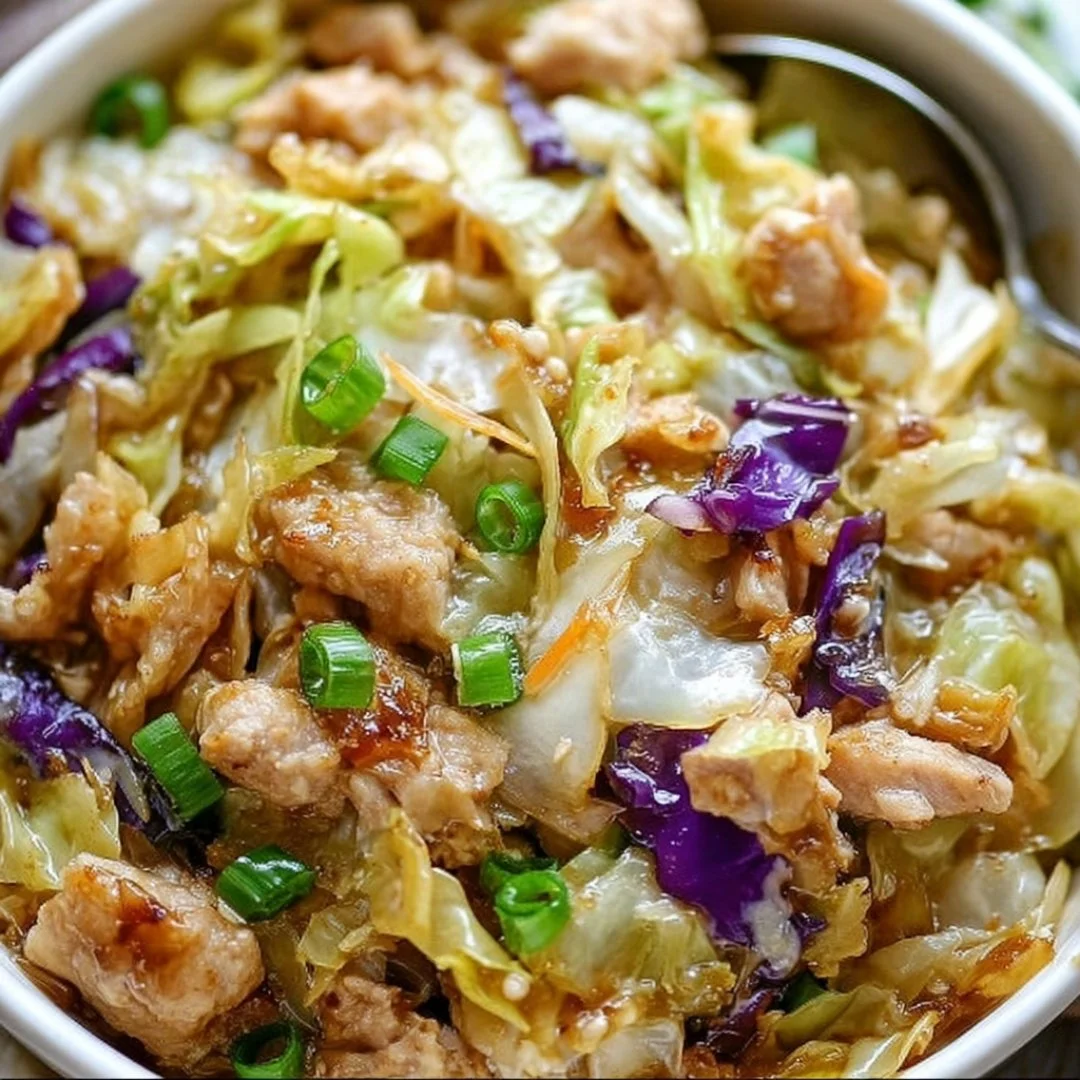 Delicious egg roll bowls filled with chicken and cabbage ingredients