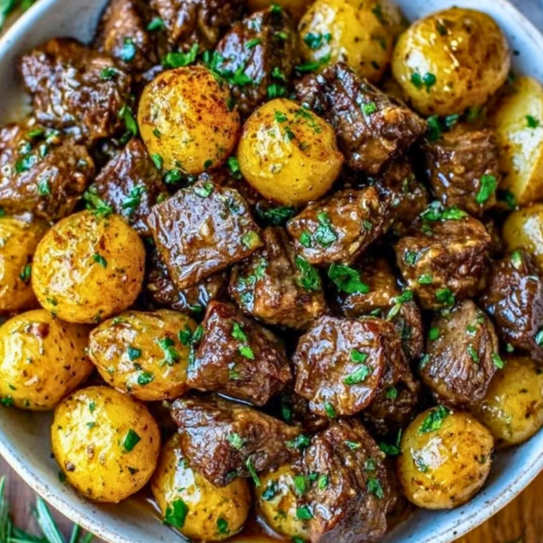 Delicious Garlic Butter Beef Bites served with seasoned potatoes