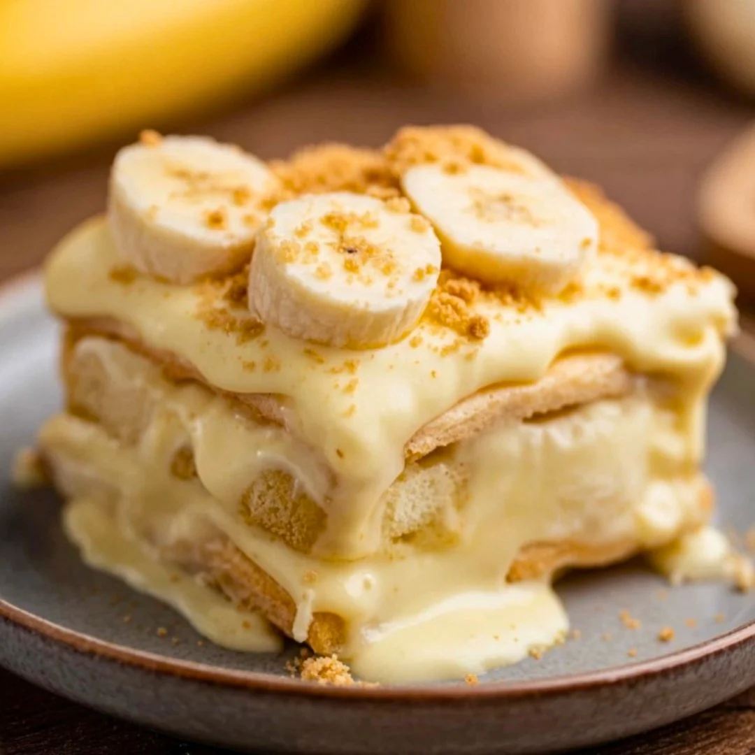 Delicious old-fashioned homemade banana pudding served in a glass bowl with bananas and whipped cream
