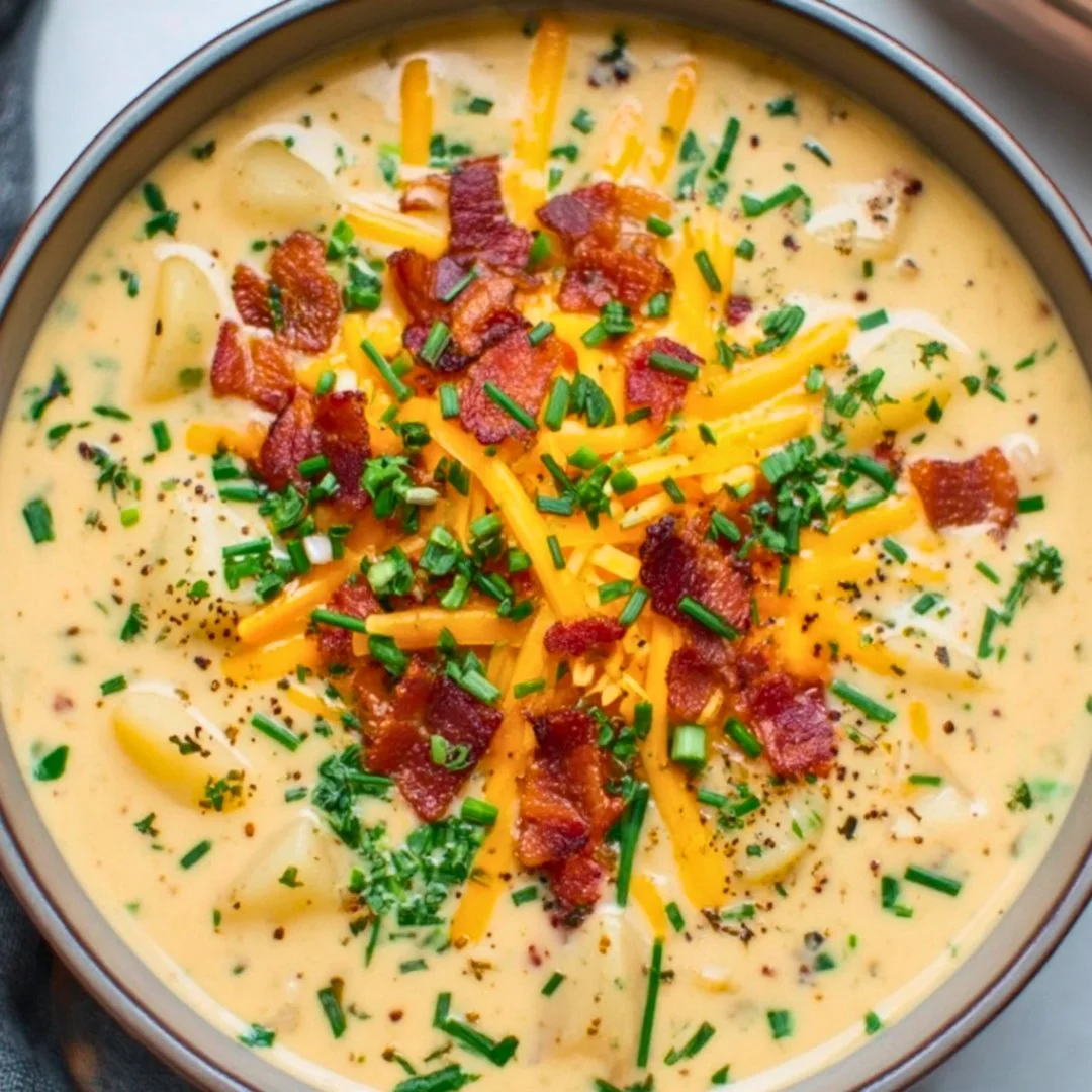 Bowl of creamy Outback potato soup garnished with chives and cheese