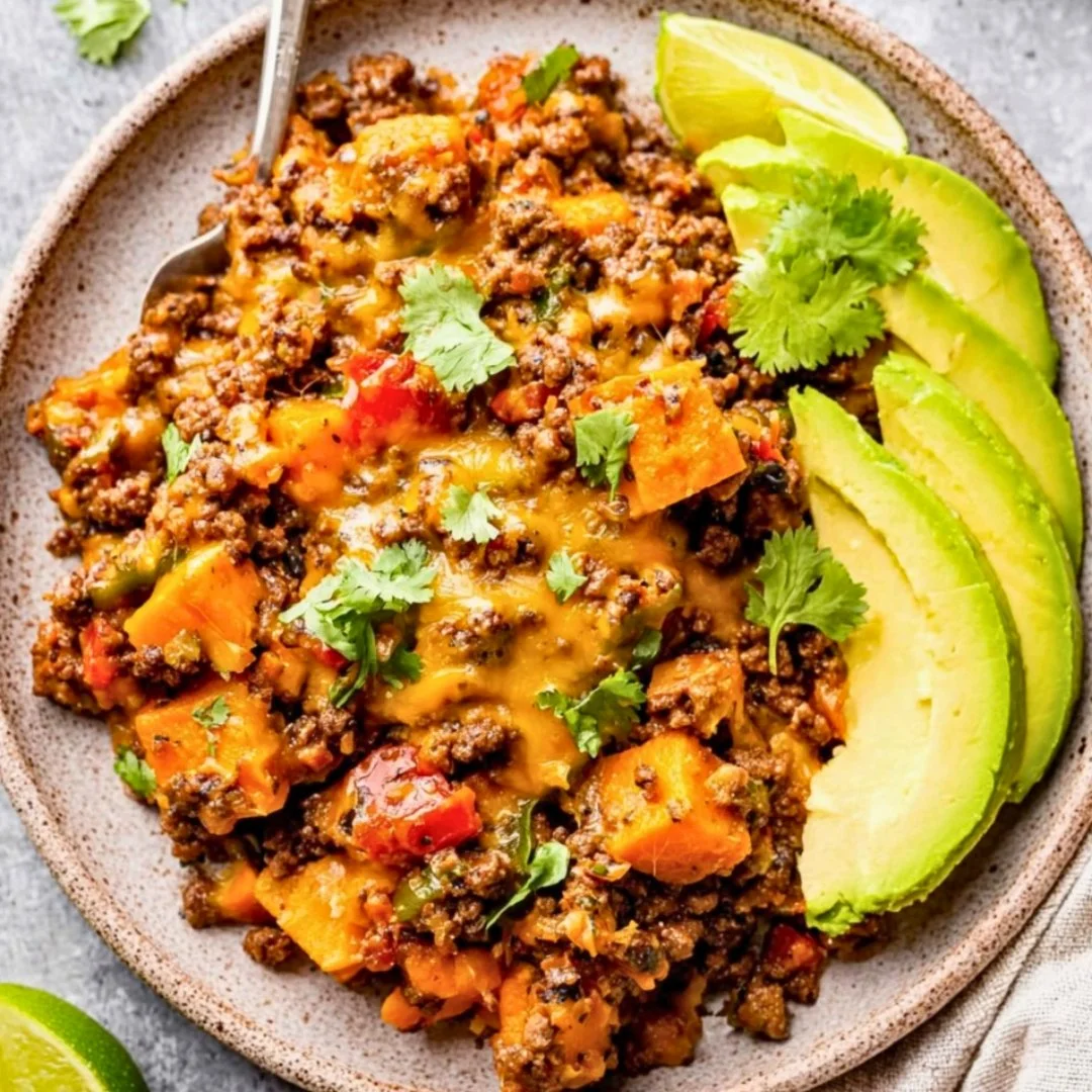 Southwest ground beef and sweet potato skillet in a frying pan