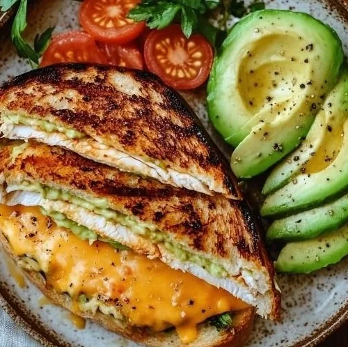 Delicious Chicken Avocado Melt Sandwich with melted cheese and fresh avocado.