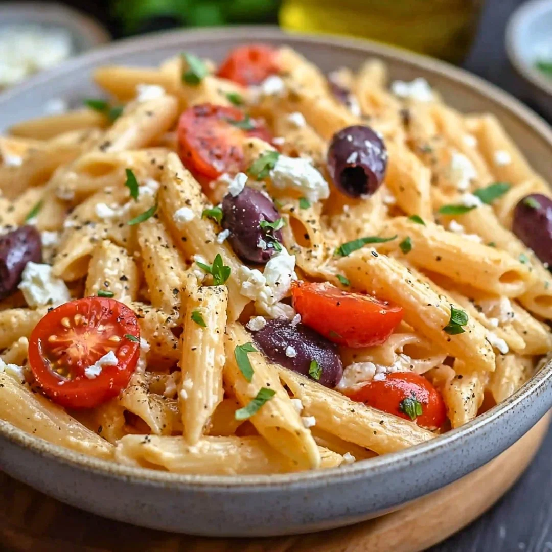 Delicious Greek pasta with feta, vegetables and herbs in a vibrant presentation.