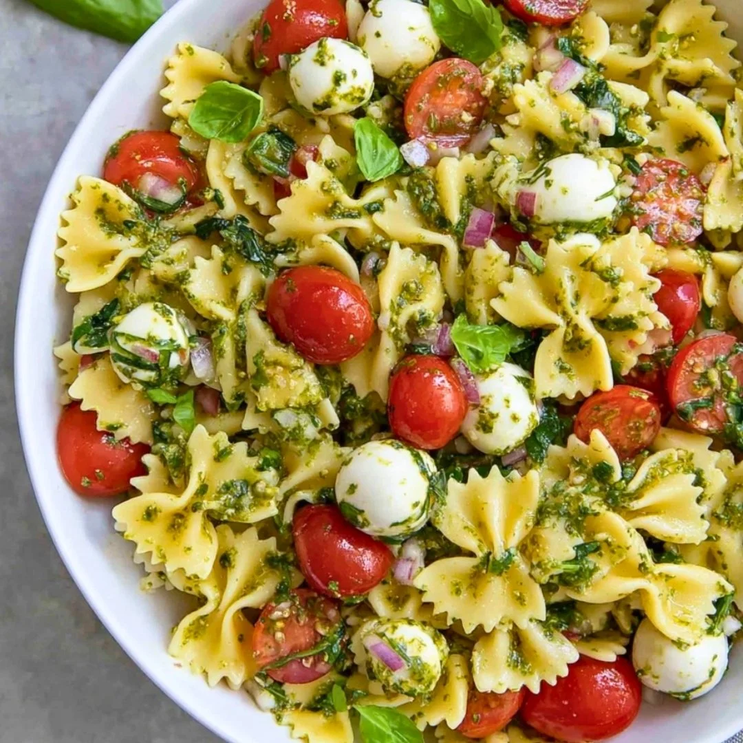Italian Bow Tie Pasta Salad with fresh vegetables and herbs