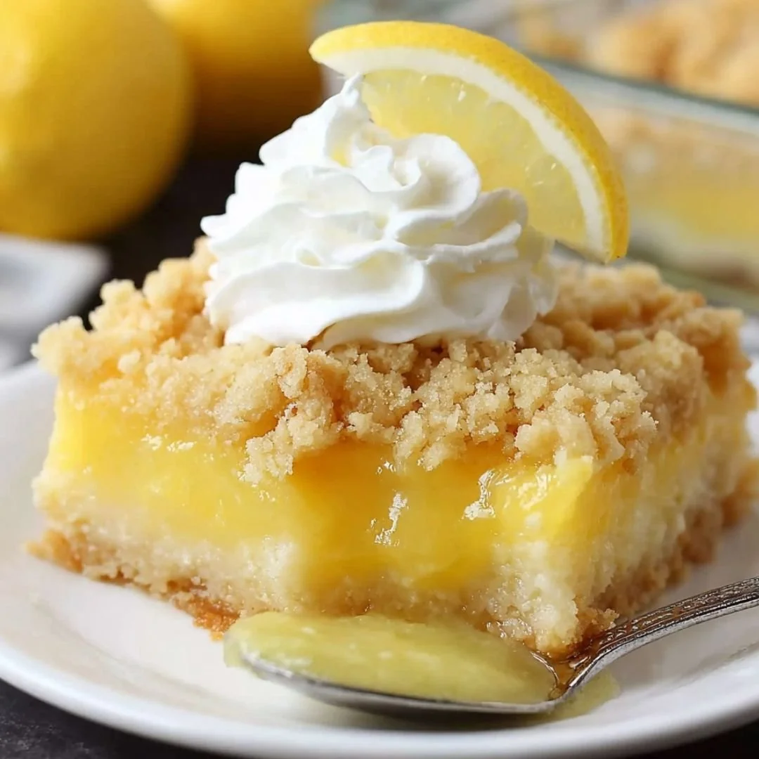 Lemon Cream Cheese Dump Cake topped with a lemon glaze and cream cheese frosting