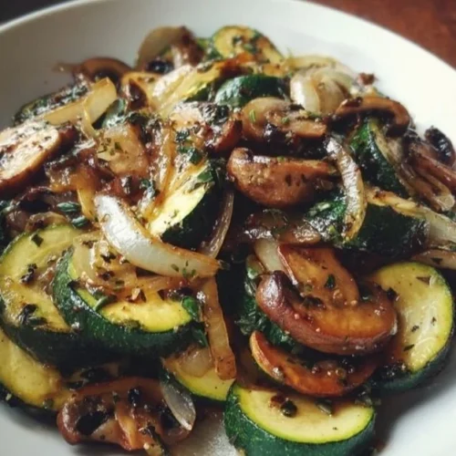 Sautéed zucchini with mushrooms and onions served in a skillet.