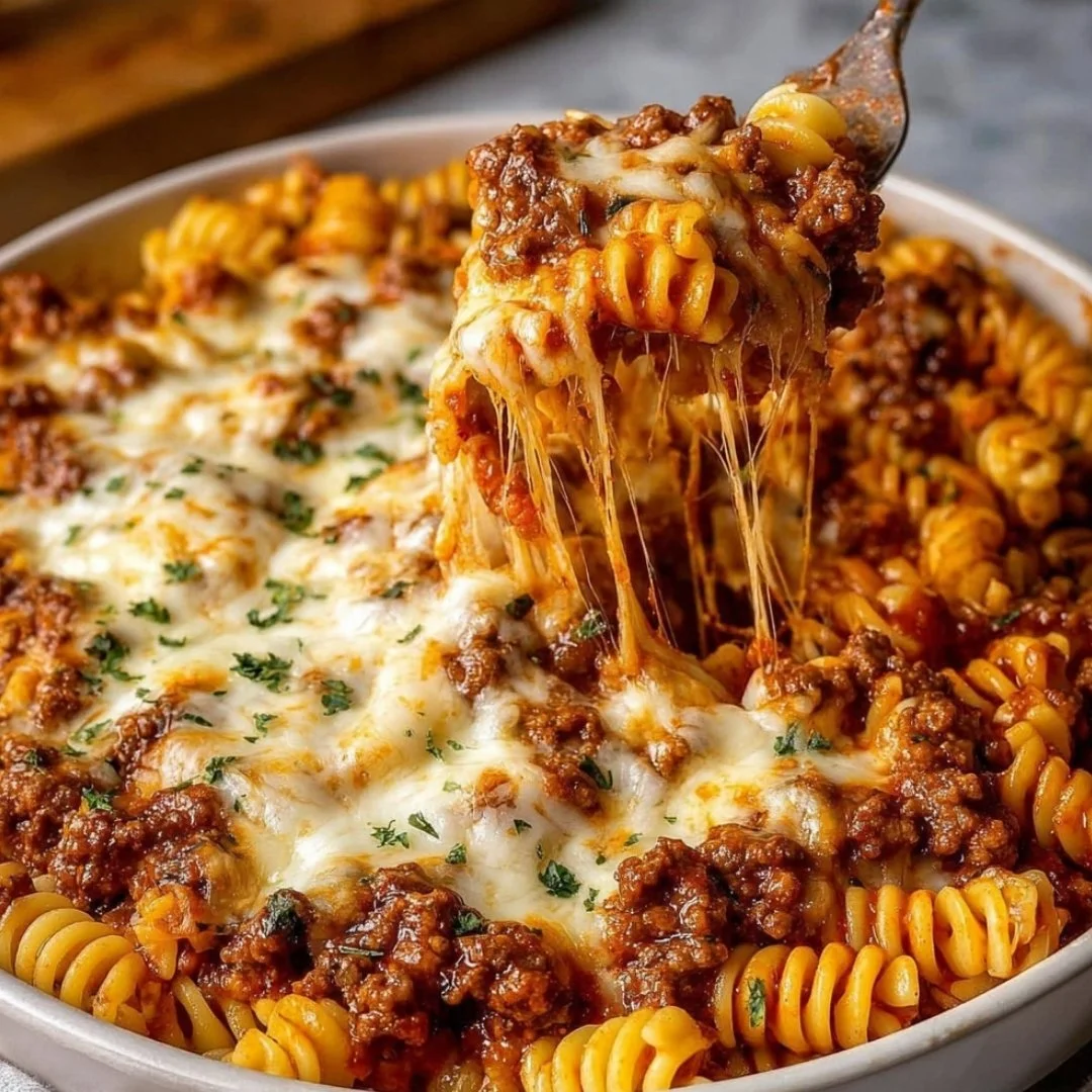 Cheesy baked beef rotini dish served in a bowl with cheese and herbs