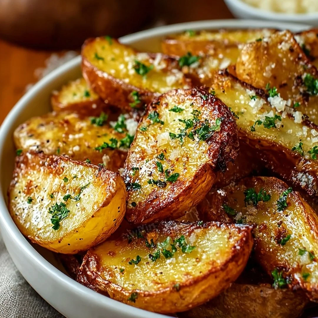 Crispy lemon Greek potatoes garnished with herbs and served on a plate.