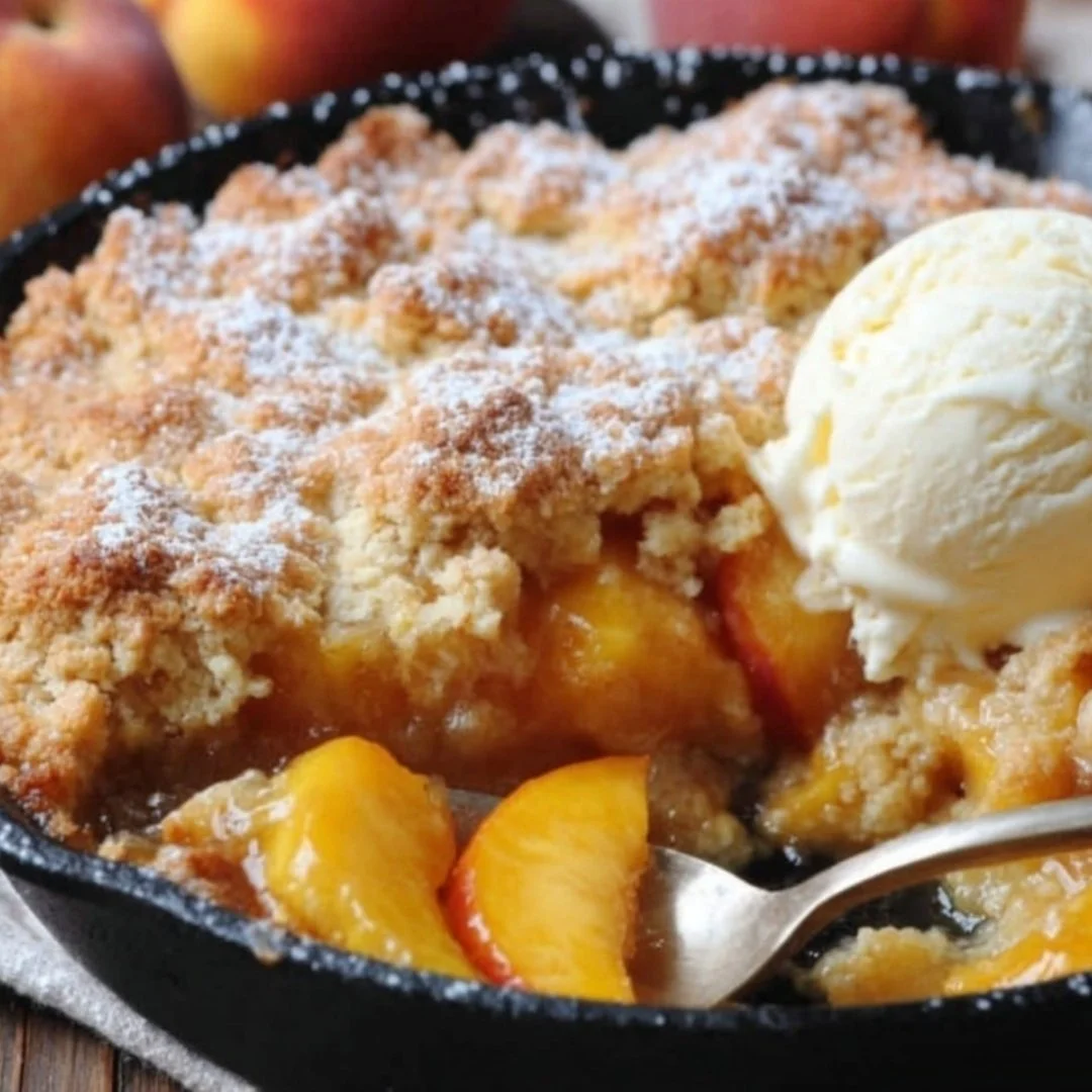 Delicious classic Southern peach cobbler served in a rustic dish
