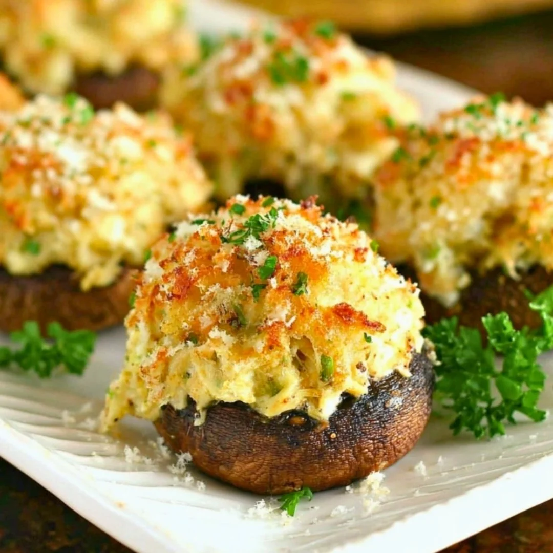 Delicious Crab Stuffed Mushrooms ready to be served as an appetizer