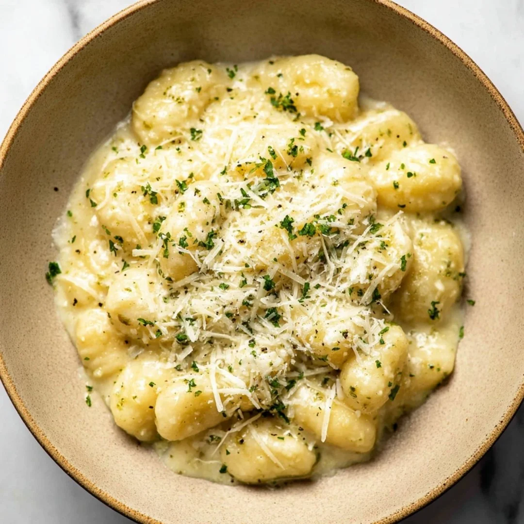 Plate of creamy pesto gnocchi topped with fresh basil and parmesan cheese