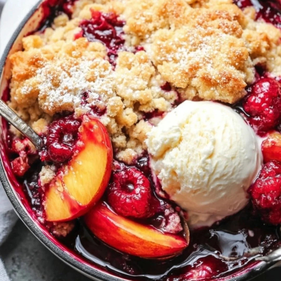 Peach Cobbler with Raspberries served in a dish, highlighting its vibrant colors