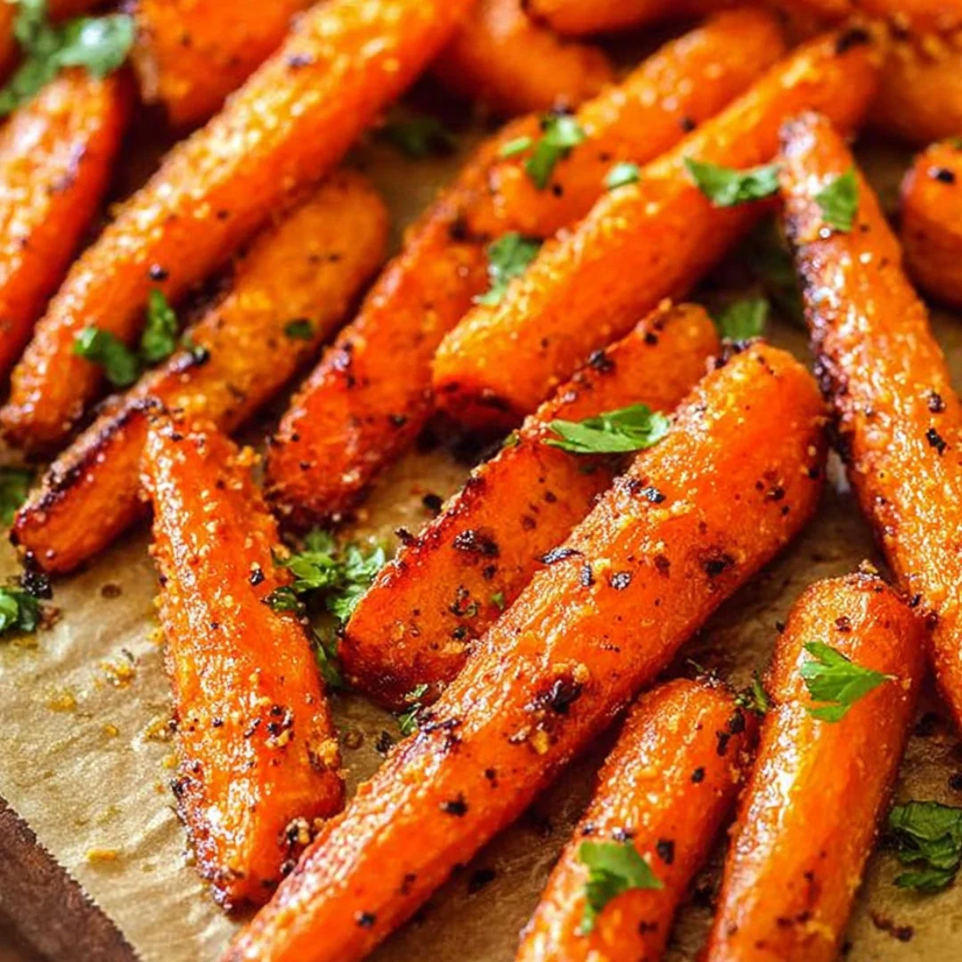 Delicious roasted garlic parmesan carrots with a crispy golden finish.